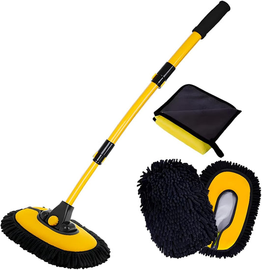 Car Wash Brush with Long Handle, Microfiber Towels Car Wash Kit Cleaning Supplies, Car Wash Mop Mitt with 2 Replacement Head , Extension Pole Car Brush Cleaning Kit for Cars Trucks