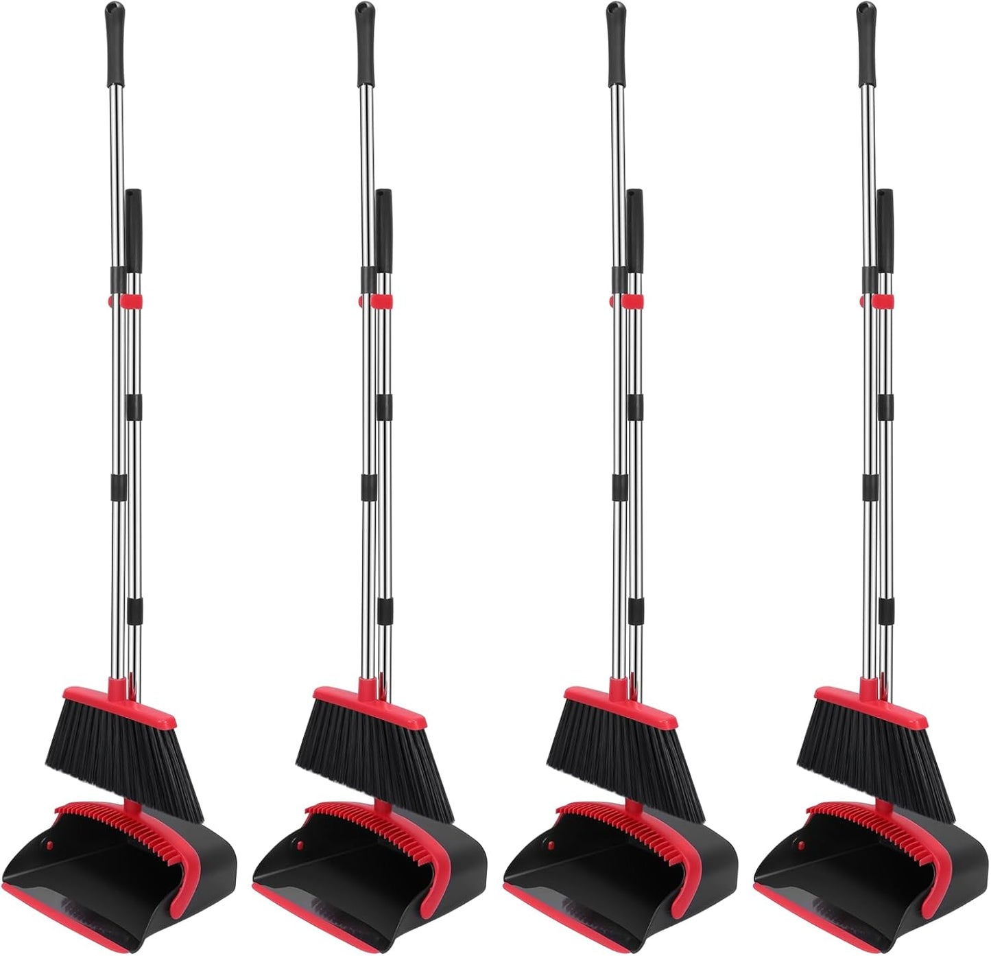 NACENA Broom and Dustpan Set, 52-in Long Adjustable Handle Broom Dustpan Combo with Dustpan Teeth to Automatically Clean Hair Suitable for Home Kitchen Office Hall Floor (Black&Red), 4 Pack
