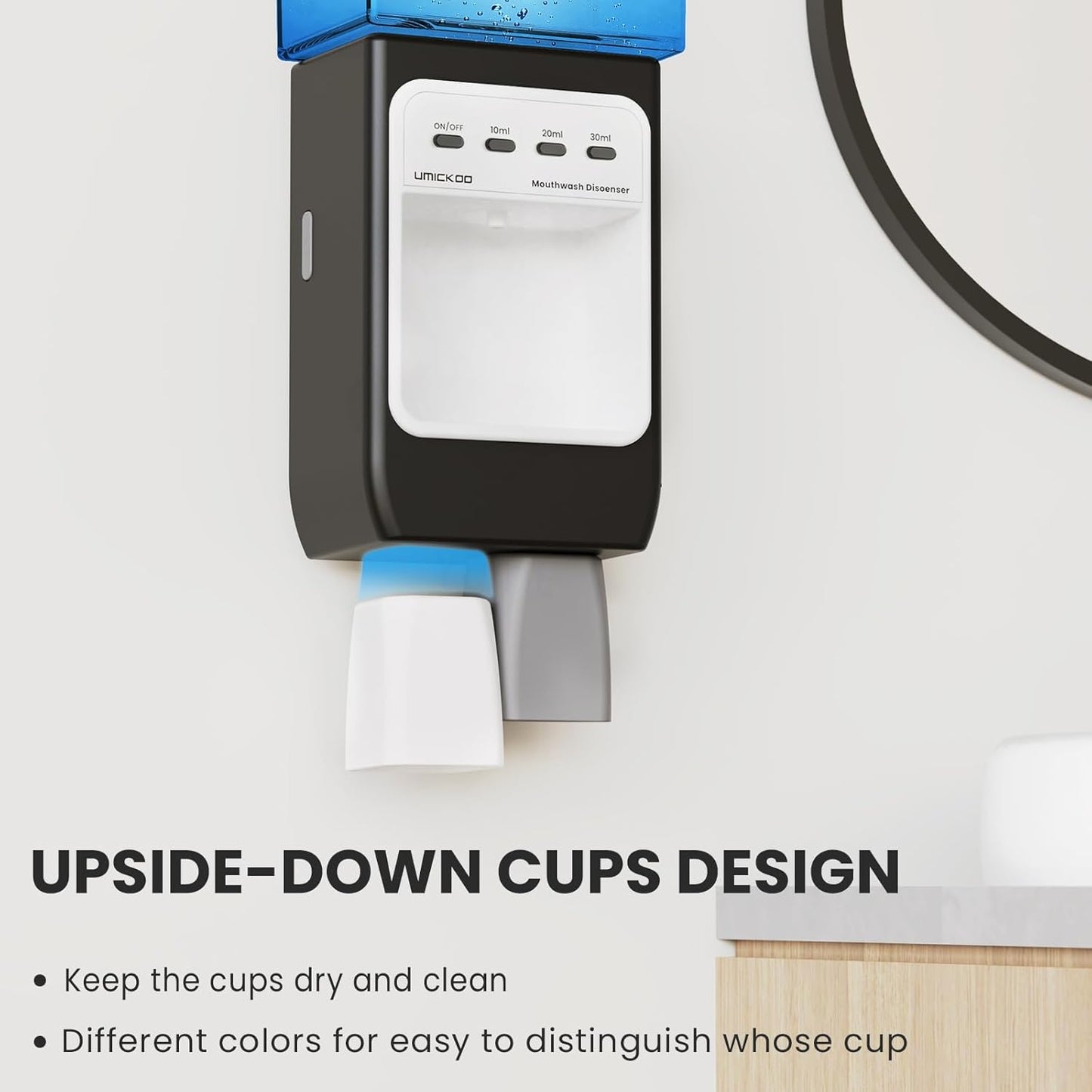 Auto-Mouthwash Dispenser for Bathroom - 700mL Rechargeable Wall-Mounted with 2 Magnetic Cups, 3 Smart Levels, No-Drill Installation for Kids & Adults (12-Month Battery)