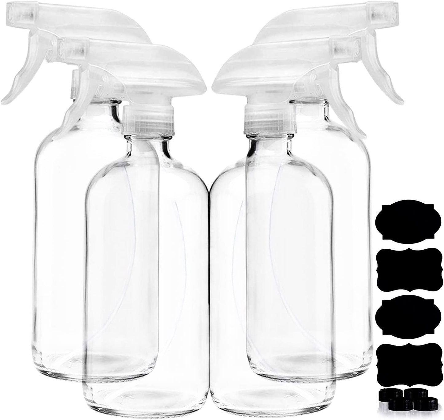 Clear Glass Spray Bottles For Cleaning Solutions (4 Pack) - 16 Ounce, Refillable & Reusable Sprayer for Essential Oil, Water, Kitchen, Hair. Durable Black Trigger Sprayer w/Mist and Stream Settings