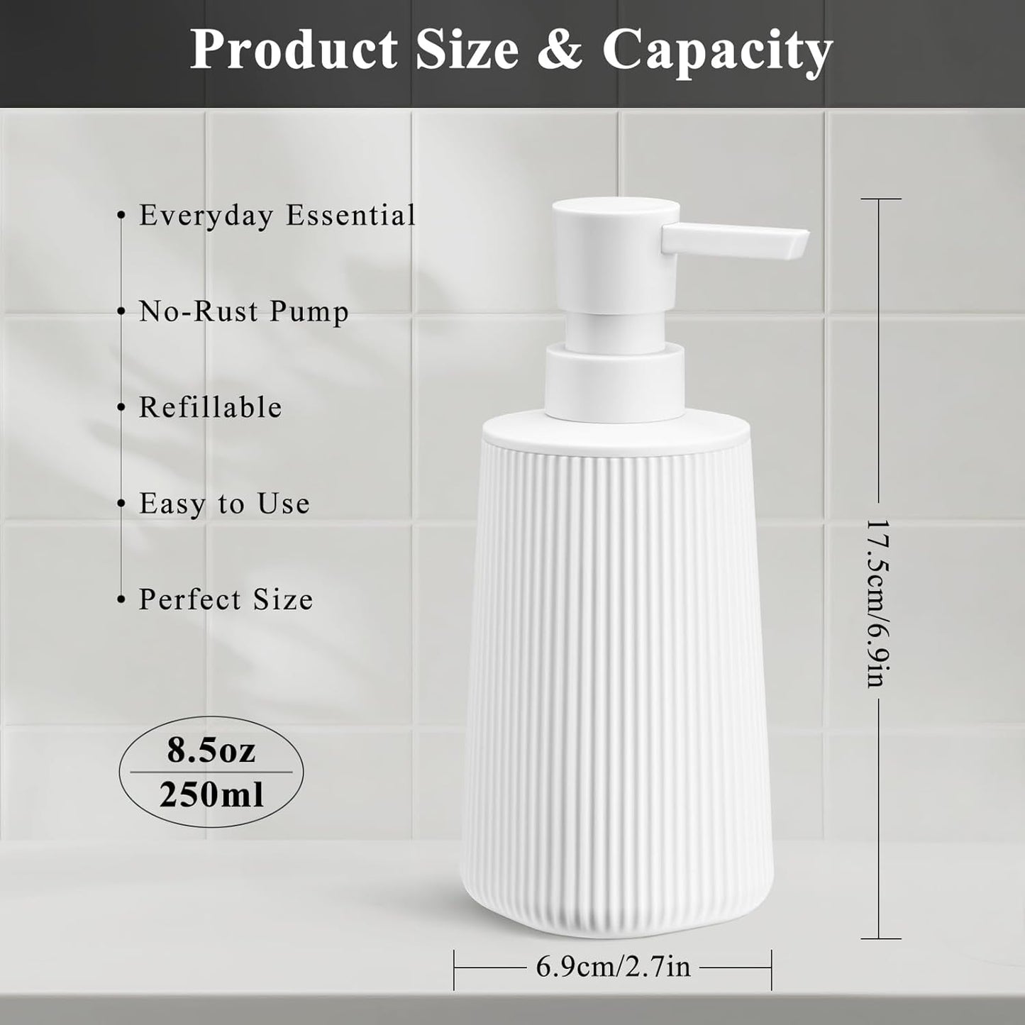 White 2 Pack Hand Soap Dispensers with No Rust Pump for Bathroom and Kitchen Countertops Refillable Striped Matte Plastic 8.5 oz