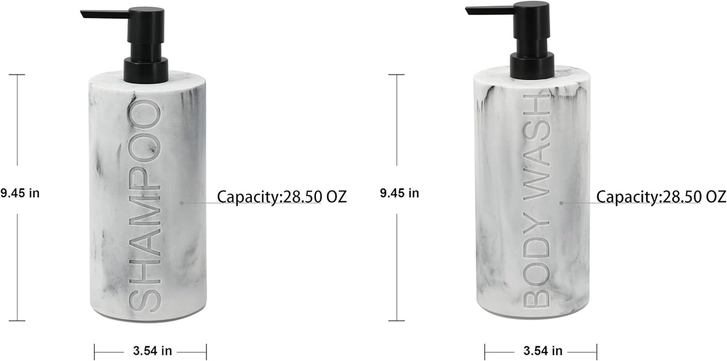Marble Resin 2 Piece Shampoo and Body Wash Dispenser Set, Luxurious Refillable Pump Bottles with Matte Pump Top and Embossed Text, Durable Design for Bathroom and Shower