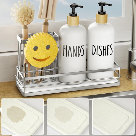 Moforoco Kitchen Dish Soap Dispenser Set, 16OZ Glass Bottle, Hand and Dish Soap Dispenser Set, Instant Dry Tray, Non-Slip Silicone Pad, Brush Holder with Sponge Holder, Kitchen Decor（White Bottle）
