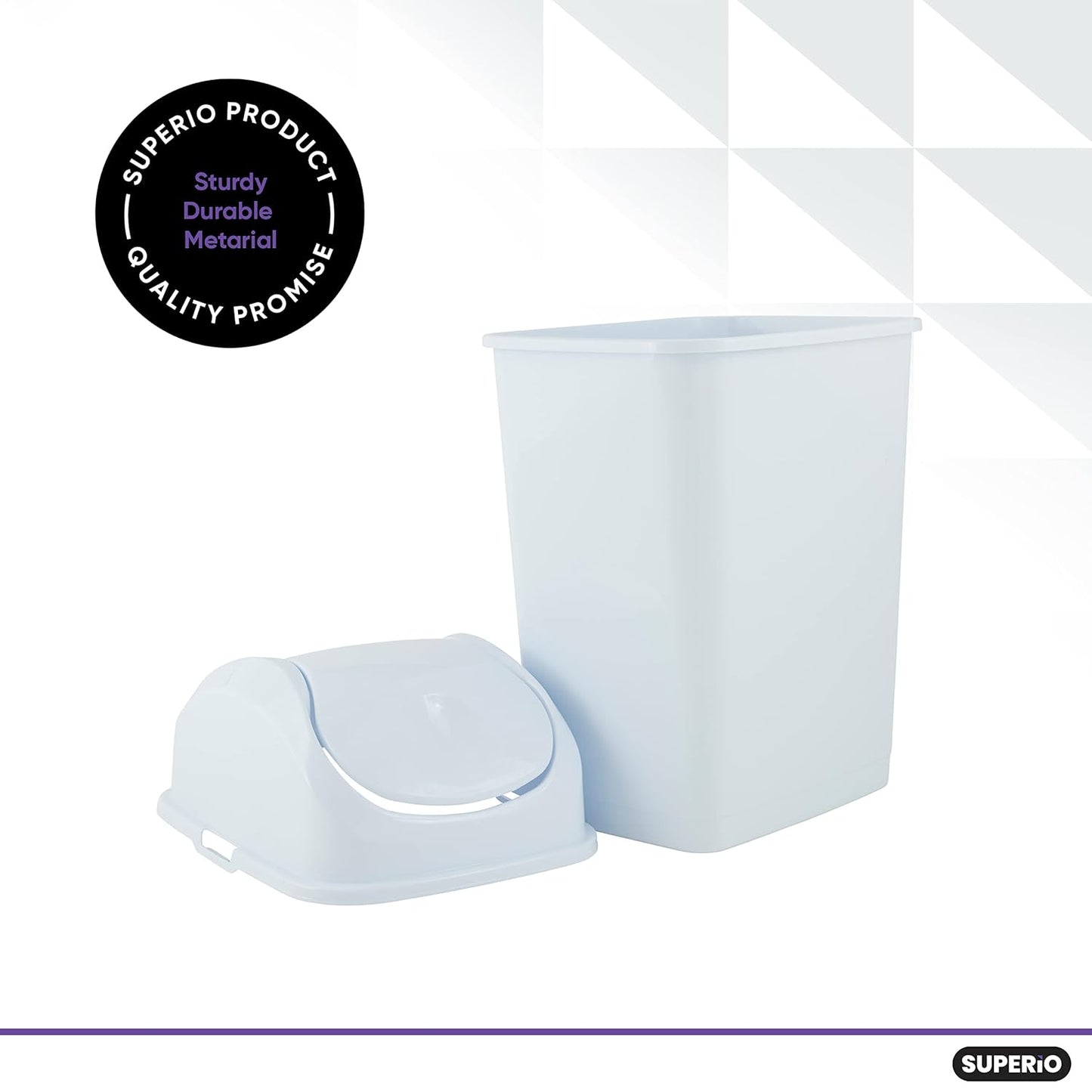 Superio Small 2.5 Gallon Plastic Trash Can with Swing Top Lid, Compact Slim Waste Bin for Under Desk, Office, Bedroom, Bathroom, Dorm Room, 10 Qt. Portable Garbage Can (White)