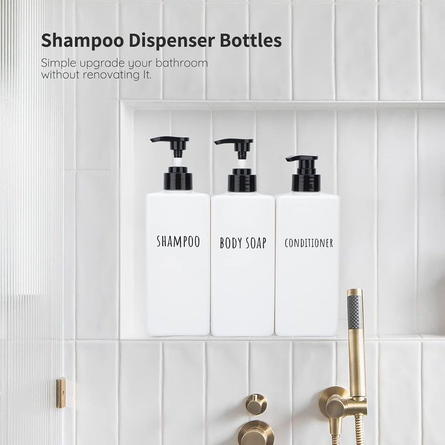 Segbeauty Plastic Soap Dispenser, 3pcs 16.9oz Refillable Shampoo Bottles White, 500ml Empty Square Pump Press Bottle Shower Dispenser Lotion Container for Modern Bathroom Hotel Kitchen