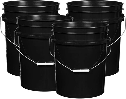 House Naturals 5 Gallon Premium HPDE Plastic Bucket - Made in USA Food Grade Storage Container, BPA Free All Purpose Pail (4, Black)