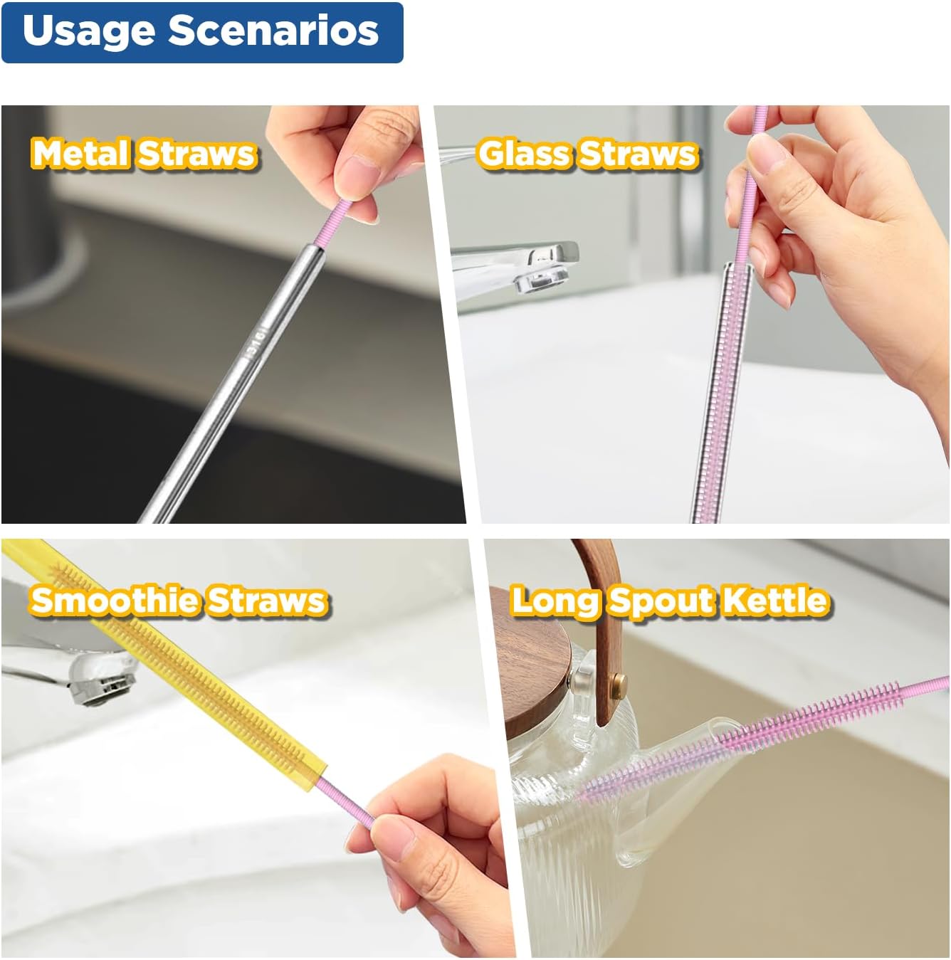 YOTIME Silicone Straw Cleaner Brush, 2Pcs Reusable Straw Brush Extra Long for Cleaning Tumbler with Handle and Glass Metal Smoothie Straws, Non-slip Handle Soft and Bendable, 6mm+9mm, Pink