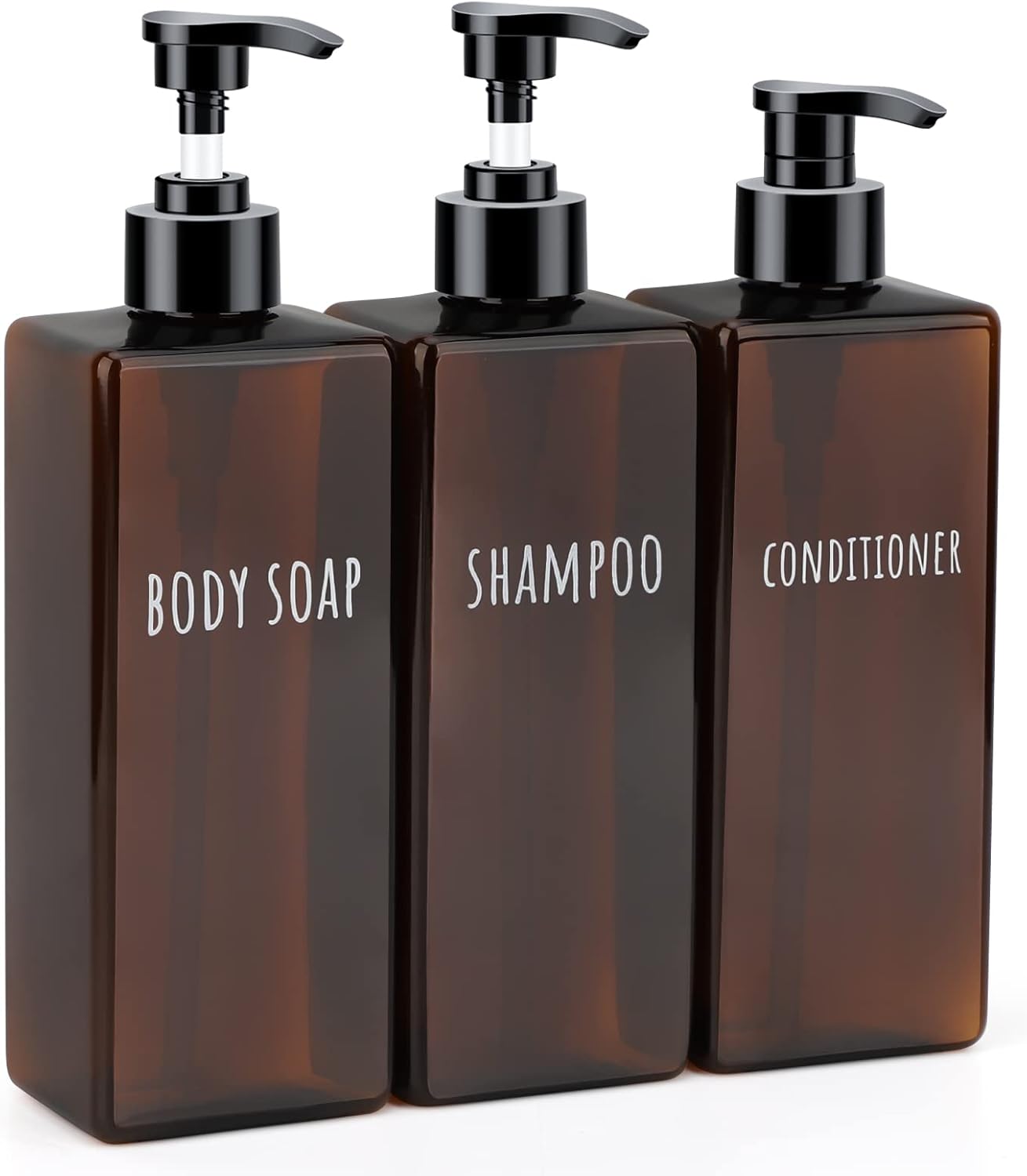 Segbeauty 16.9oz Lotion Dispenser, 3pcs Refillable Square Shampoo Bottles with Pump, 500ml Empty Plastic Bathroom Shower Bottles Liquid Soap Container Body Wash Dispenser for Home Hotel Travel Amber