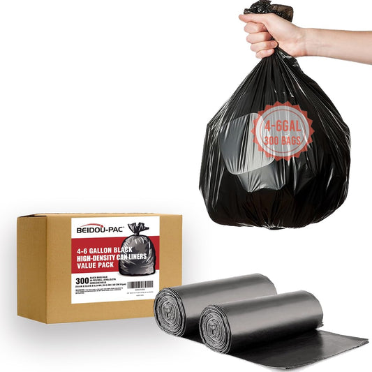 4-6 Gallon Trash Bags, 300 Count Black Garbage bags, Multi-purpose Trash Can Bin Liners for Bathroom, Office, Industrial, Commercial, Janitorial, Municipal, Recycling