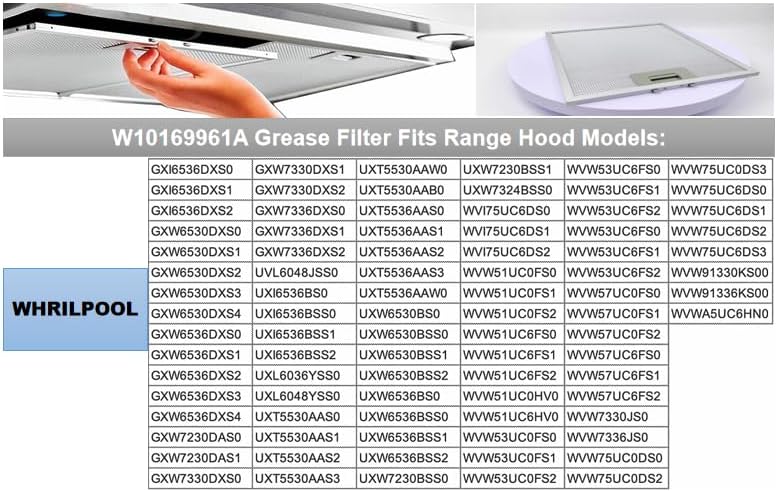 Upgraded version W10169961A (12" x 10.5"), compatible with Whirlpool range hood filters - aluminum mesh screen, suitable for kitchen ceiling exhaust fans, blocks grease, filters oven air (1piece)