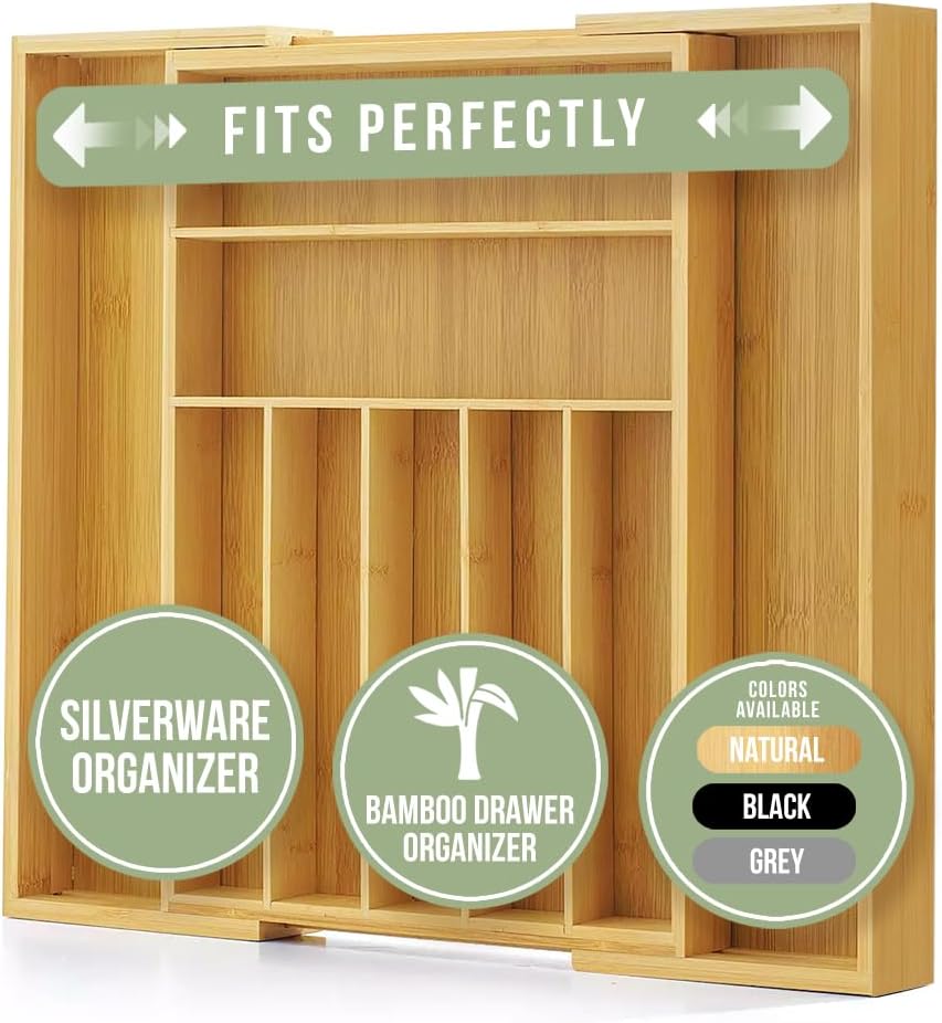 Purawood Bamboo Drawer Organizer - Expandable Silverware Organizer & Utensil Drawer Organizer, Cutlery Tray with Dividers, 7-9 Slots- Kitchen Organizer for Utensils & Flatware (Natural)