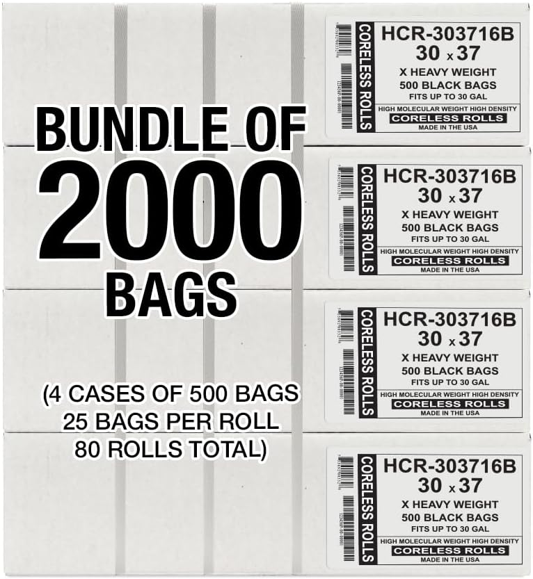 Aluf Plastics High Density Trash Bags, 30 Gallon, 2000 Count, 16 Micron (eq), 30" x 37", Black, for Bathroom, Office, Industrial, Commercial, Janitorial, Municipal, Recycling
