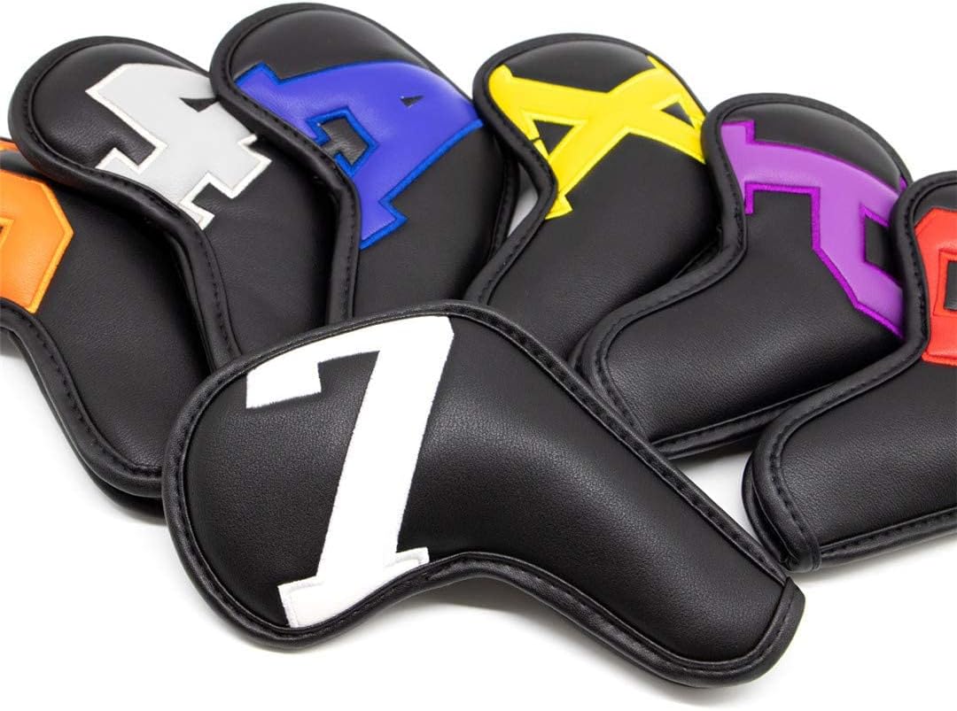 Barudan Golf Iron Club Head Covers Set Headcovers for Callaway Ping S5 - Big Colorful Number - Long Neck - Black Pu Leather fits Small Standard Oversized Golf Clubs 10pcs/Pack (Black+Color Number)