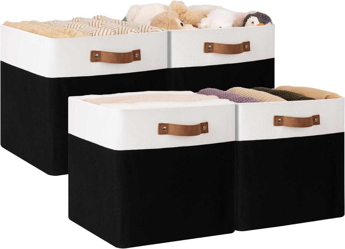 StorageWorks 13x13 Inches Storage Cube, Fabric Storage Bins with PU Handles, Collapsible Organizer Baskets for Closet, Black and White, 4-Pack