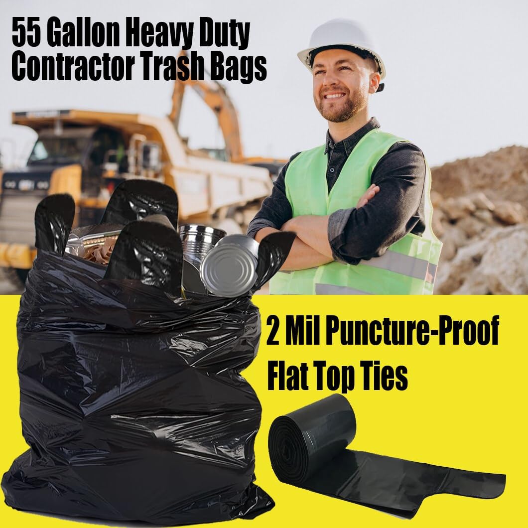 Contractor Heavy Duty Trash Bags 55 Gallon | 52 Count | 2 MIL | 36" X 56" | Large Black Flap Tie Construction Garbage Bags for Business Home Commercial, Industrial, Storage, Outdoor