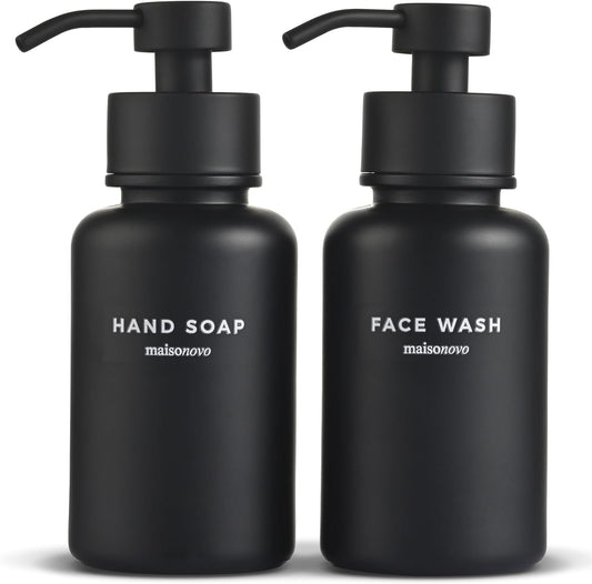 MaisoNovo Glass Foaming Soap Dispenser 14 Oz | Black Glass Black Pumps x 2
