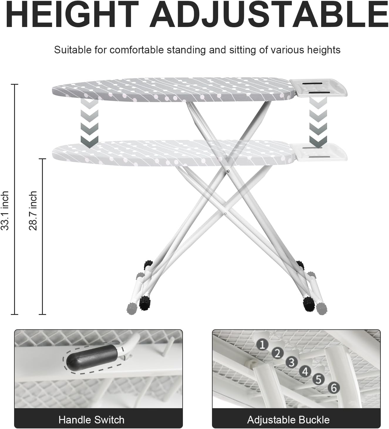 Ironing Board,Foldable Ironing Board Adjustable Height Compact Iron Board Thick Steel Tube Iron Board with Holder,Replacing Cloth Cover and Mini Handheld Gloves(Blue Dots)