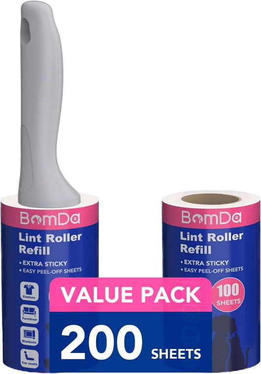 Extra Sticky Lint Roller for Pet Hair, Pet Hair Remover with 1 Upgraded Handle 2 Rollers, Portable Lint Remover for Clothes, Furniture, Dog & Cat Hair (1 Handle + 200 Sheets)