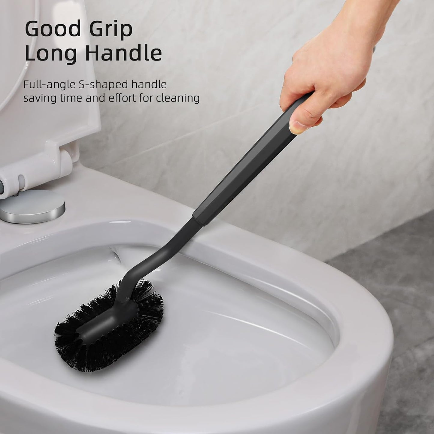 HAMITOR Toilet Bowl Brush Holder Set: Bathroom Deep Cleaning Toilet Cleaner Scrubber Under Rim with Curved Bristle for Dead Corner Clean - Hidden Rv Toilet Decorative Accessories with Caddy- Black