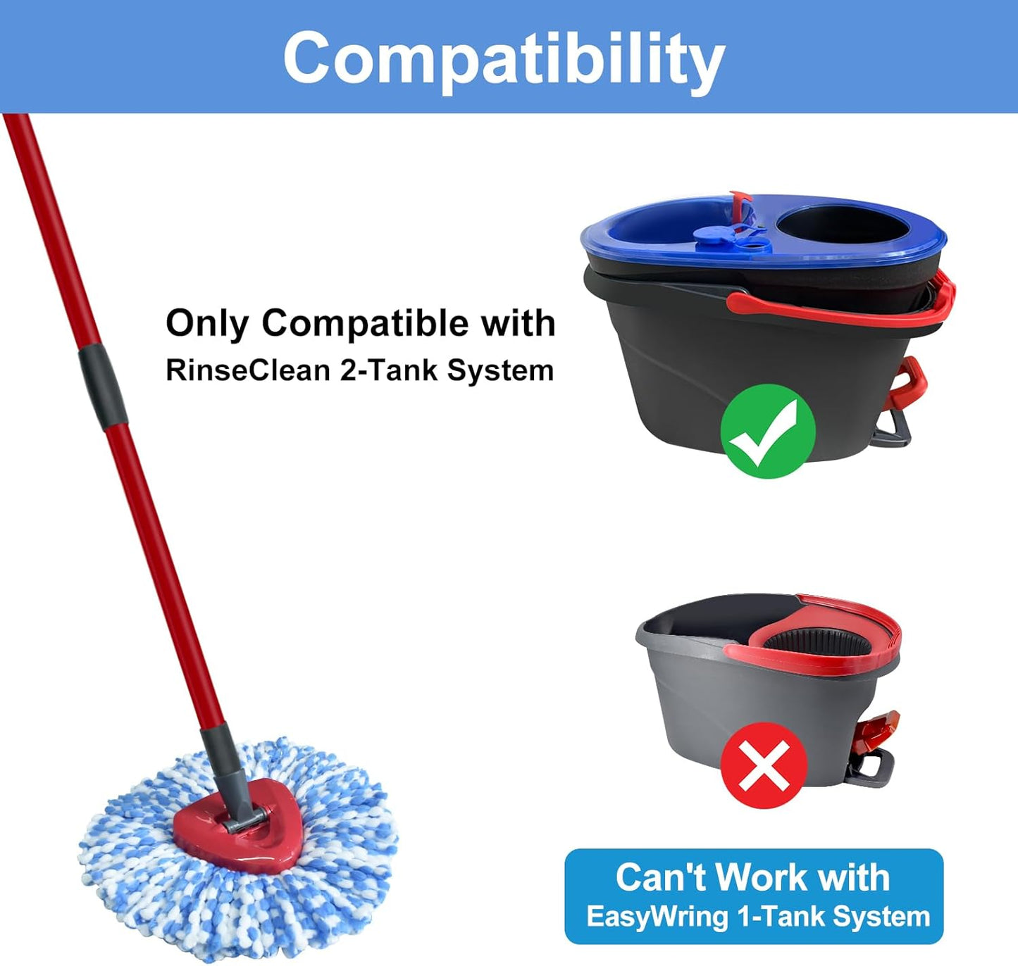 Spin Mop Replace Head, Mop Handle and Base Compatible with Ocedar RinseClean 2-Tank System, 3 Mop Replacement Head, 4-Section Sturdy Iron 30-58in Mop Handle and 1 Triangle Mop Head Cover Combo Set