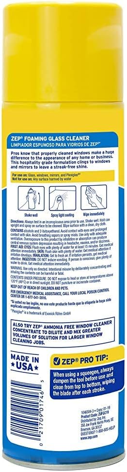 Zep Foaming Glass and Plexiglass Cleaner - 19 oz (Case of 4) ZUFGC19 - Foaming Formula Clings to Vertical Surfaces. Trusted by Pros