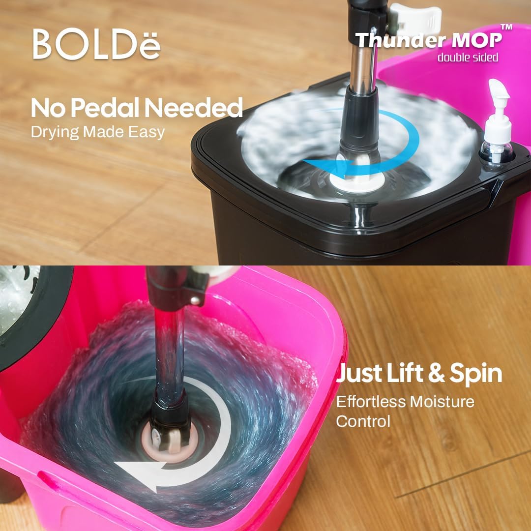Thunder Mop Spin System - 2 Compact Stackable 6L Buckets, Microfiber Head, Stainless Steel Wringer, Antifungal Quick-Dry Cleaning, Soap Dispenser, 3 Free Refills (Black/Pink)