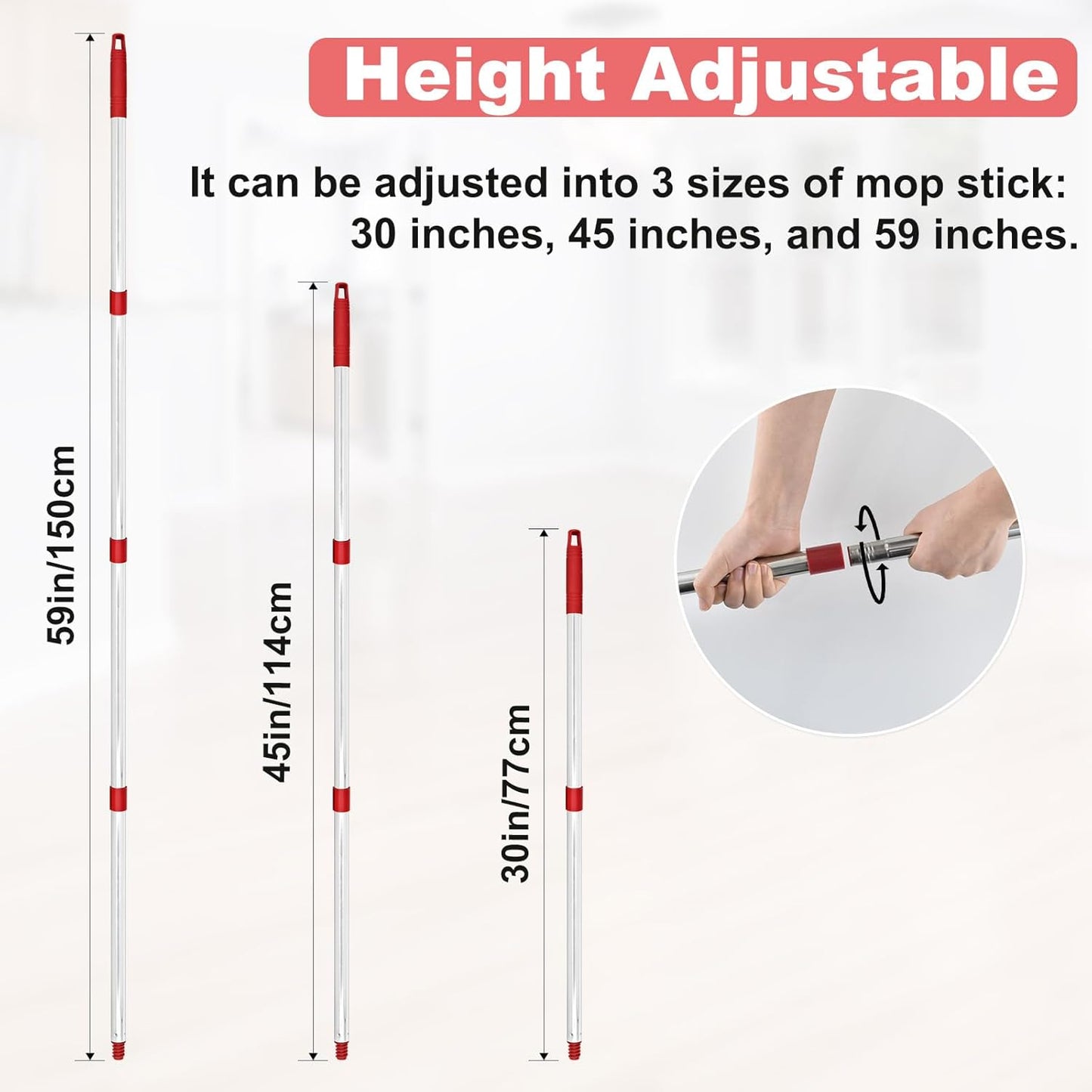 Mop Handle for O Cedar,2 Spin Mop Base for Ocedar, Mop Stick Pole Handle Adjustable 30-58" and Replacement Mop Base Part for EasyWring Spin Mop, Lightweight & Durable