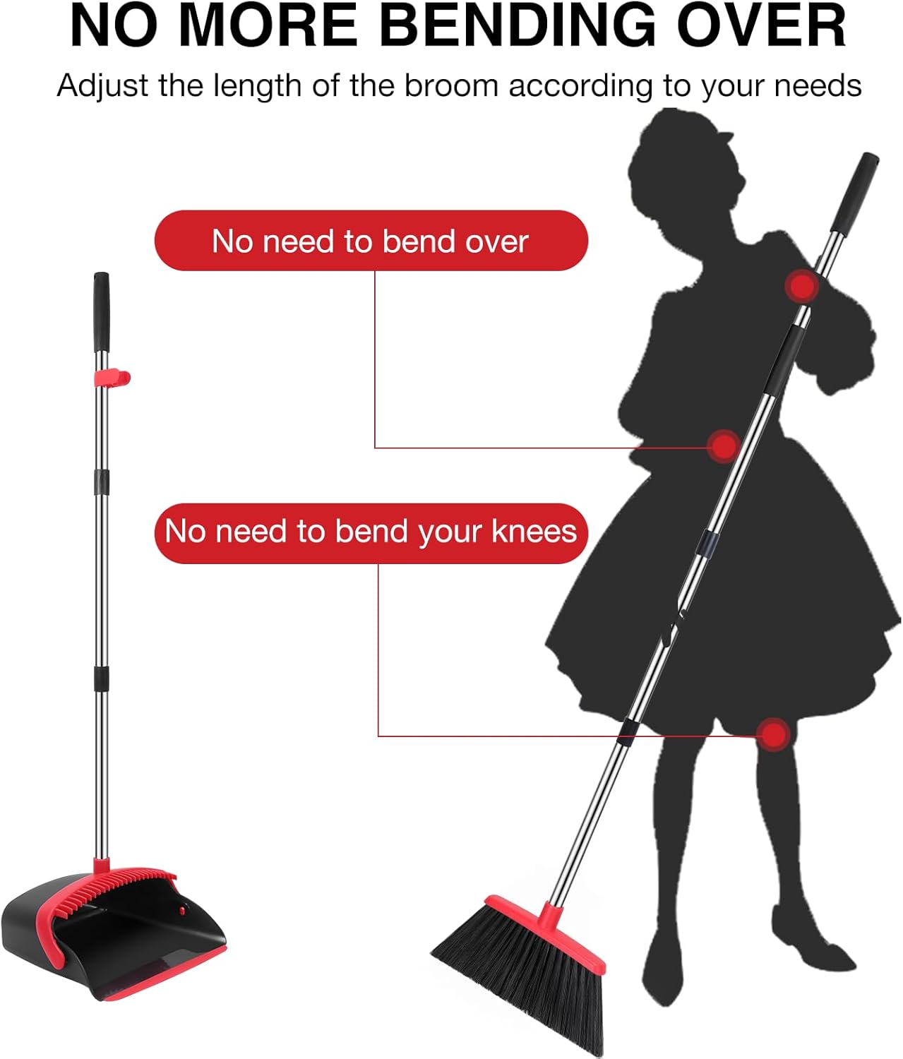 NACENA Broom and Dustpan Set, 52-in Long Adjustable Handle Broom Dustpan Combo with Dustpan Teeth to Automatically Clean Hair Suitable for Home Kitchen Office Hall Floor（Black&Red）