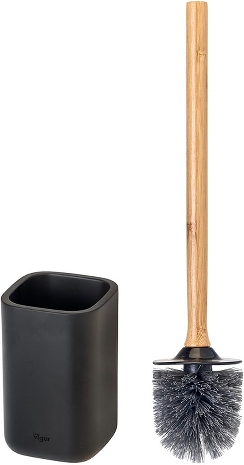 Vigar Zense Toilet Brush and Holder Set, Toilet Bowl Brush with Polyresin Stone Holder, Bathroom Sets for Bathroom Decor and Accessories, Cool Black
