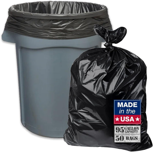 95-96 Gallon Extra-Large Black Garbage Can Liners, Heavy-Duty Trash Bags, 50 Bags, 1.5 Mil Thick, Ideal for Commercial & Home Use