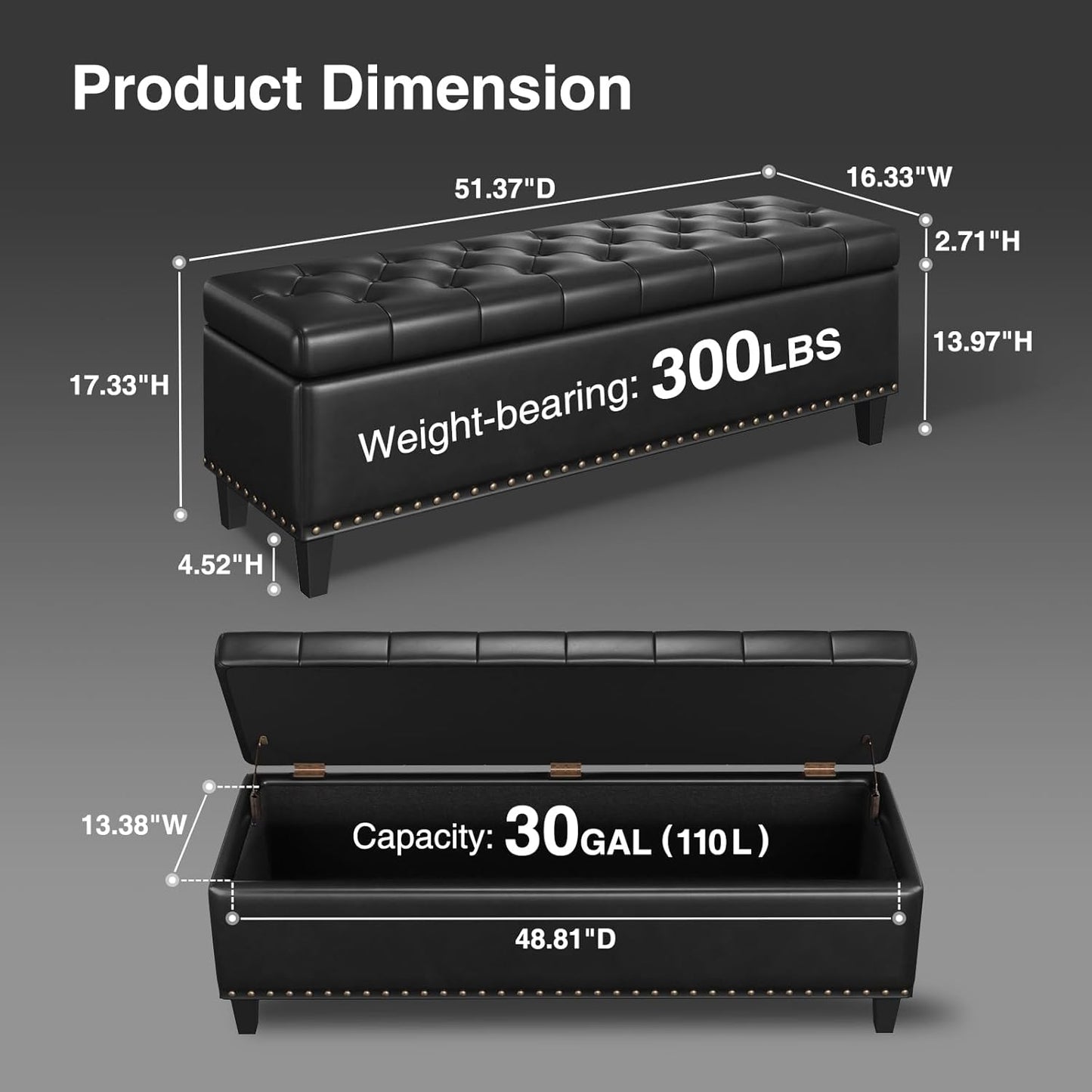 Storage Ottoman Bench, 51-Inch Large Storage Bench for Bedroom End of Bed, 30 Gallons Faux Leather Bench with Storage for Bedroom, Living Room, Entryway, Hallway, Black