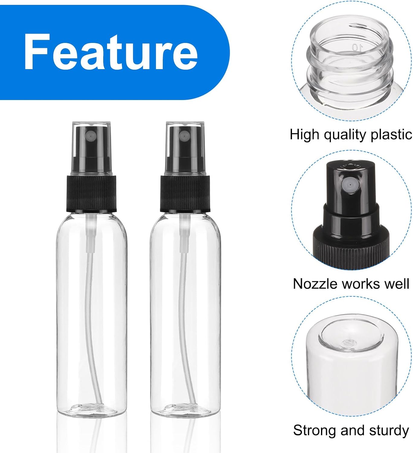 uxcell 10 Pack Spray Bottles, 2 Oz/60ML Clear Empty Mist Plastic Mini Travel Bottle Set,Small Refillable Liquid Containers for Household Use, Essential Oil, Cleaning (Transparent Black)