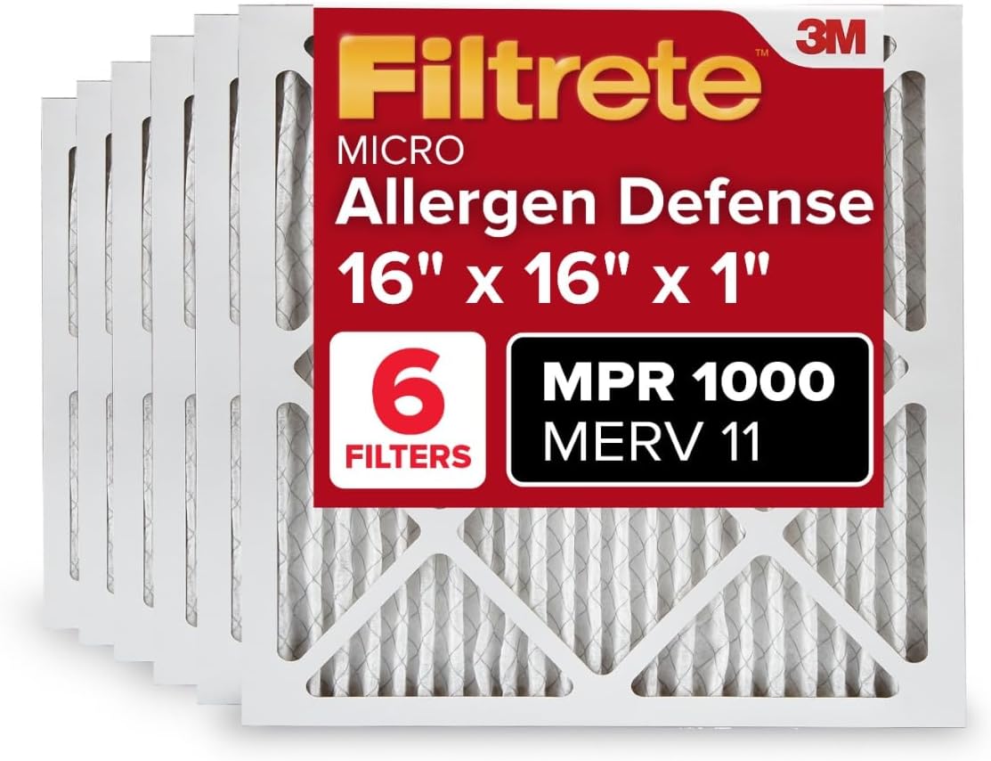 Filtrete 16x16x1 AC Furnace Air Filter, MERV 11, MPR 1000, Micro Allergen Defense, 3-Month Pleated 1-Inch Electrostatic Air Cleaning Filter, 6 Pack (Actual Size 15.81x15.81x0.81 in)
