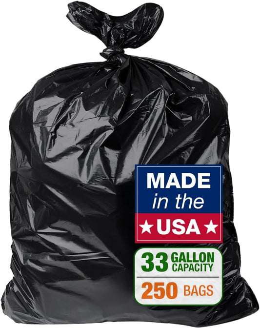 32-33 Gallon Black Trash Bags, Heavy-Duty | 32” x 38” | 250 Count Bulk Pack | Large, Durable & Tear-Resistant Garbage Bags for Home, Commercial, Construction & Outdoor Use