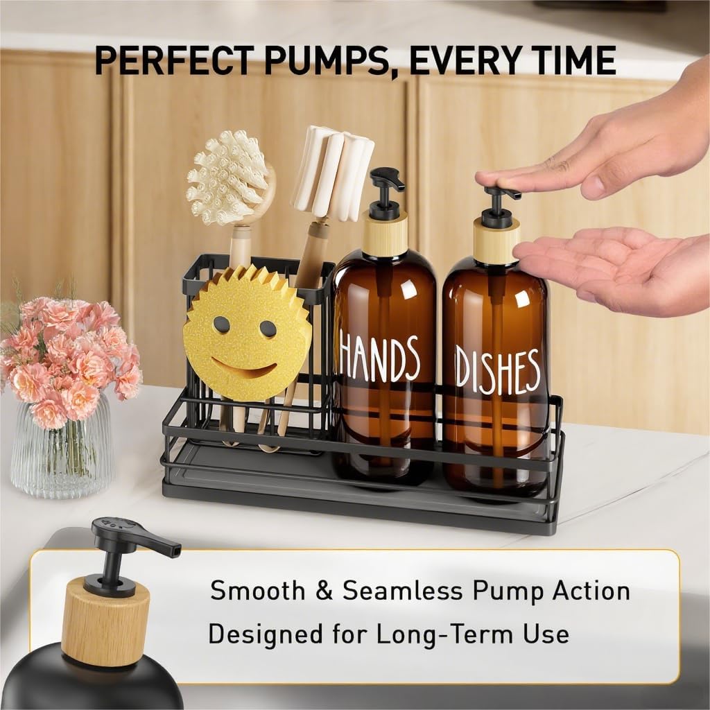 Moforoco Kitchen Dish Soap Dispenser Set, 16OZ Glass Bottle, Hand and Dish Soap Dispenser Set, Instant Dry Tray, Non-Slip Silicone Pad, Brush Holder with Sponge Holder, Kitchen Decor（Amber Bottle）