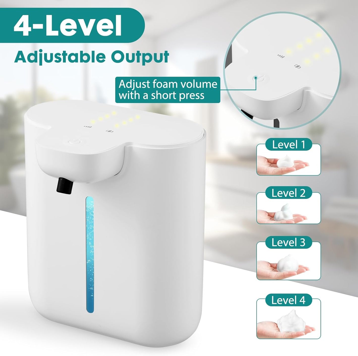 Automatic Soap Dispenser, 17oz/500ML Large Capacity Touchless Foaming Hand Soap Dispenser with 4 Foam Adjustments, Rechargeable for Kitchen, Bathroom, Wall Mount or Countertop Use (White)