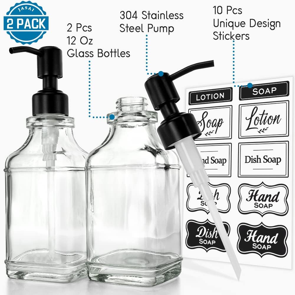 JASAI 2Pack Soap Dispenser with Rustproof Black Stain 304 Stainless Steel Pump, Stylish Hand soap Dispenser with 10Pcs Stickers, Refillable Glass Soap Dispenser for Kitchen & Bathroom.