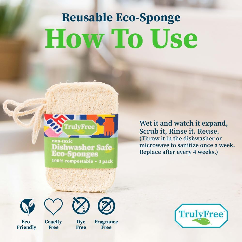 Truly Free Natural Cleaning Sponges, 100% Organic Luffa Dish Scrubber, Plant-Based Compostable Kitchen Dishwasher Sponge, Cleans Sink, Grout & Tile, Non Scratch Scouring Pad - 4.4 x 2.8 in, Pack of 3