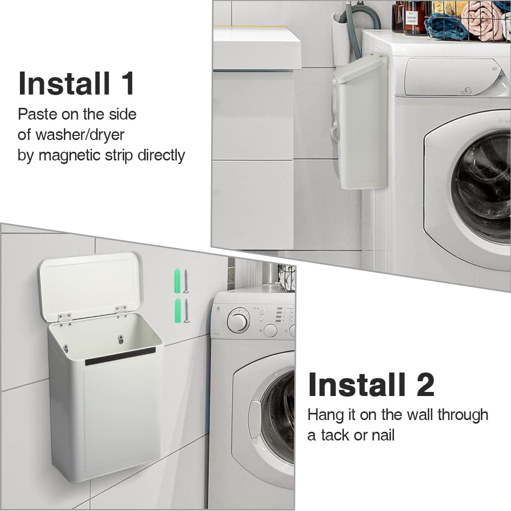 Picowe Magnetic Laundry Storage, Large Metal Lint Holder Bin with Lid for Laundry Room, Space-Saving Trash Container Hanging on Dryer, Washer or Wall Mount Trash Bin (White)