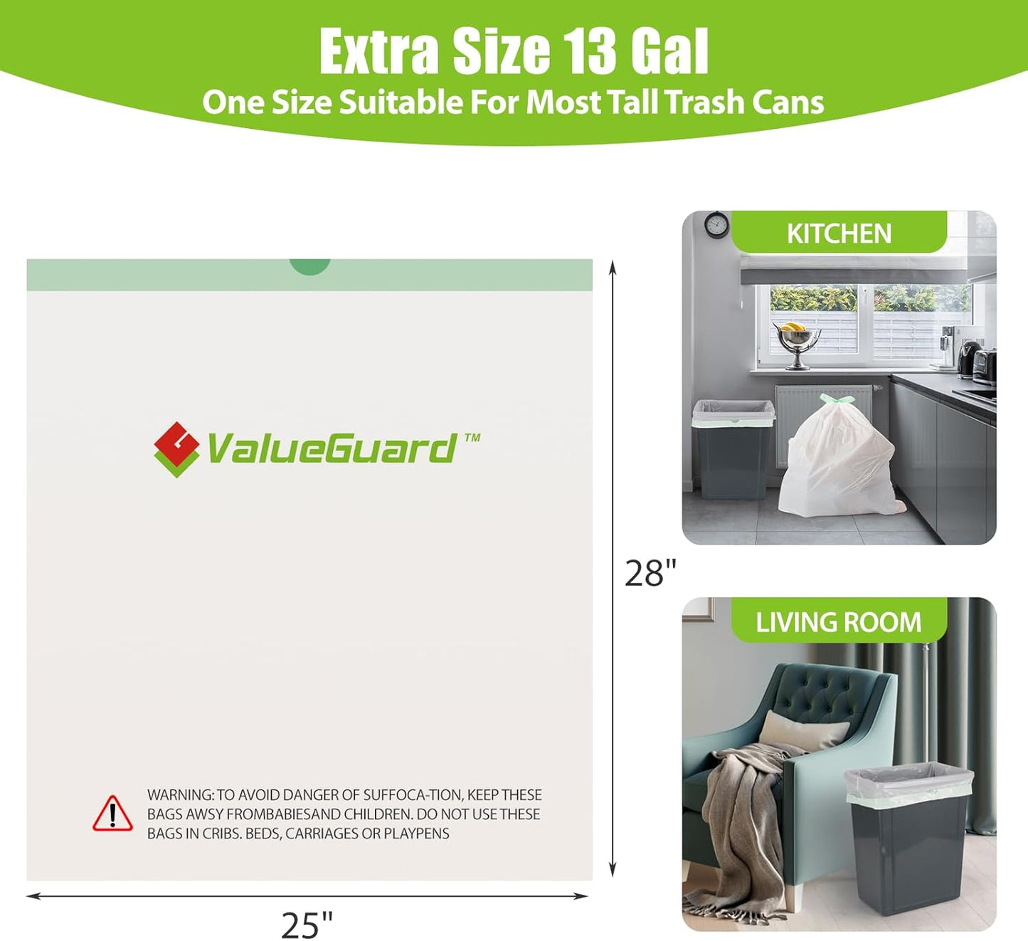 Large Trash Bag 13 Gallon Tall Drawstring 100% Post-Consumer Recycled Garbage Bag Waste Bag for Kitchen Office 0.6 Mil (200 Count)