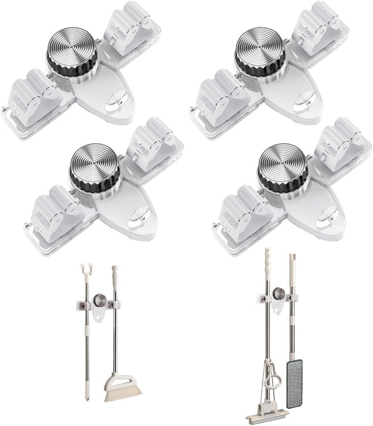 Mop and Broom Holder Wall Mount, No Punching Required Broom and Mop Organizer Wall Hanging with Hooks for Bathroom, Laundry Room, Garage, Kitchen,Garden Tool Organizer Storage (4pcs Transparent)
