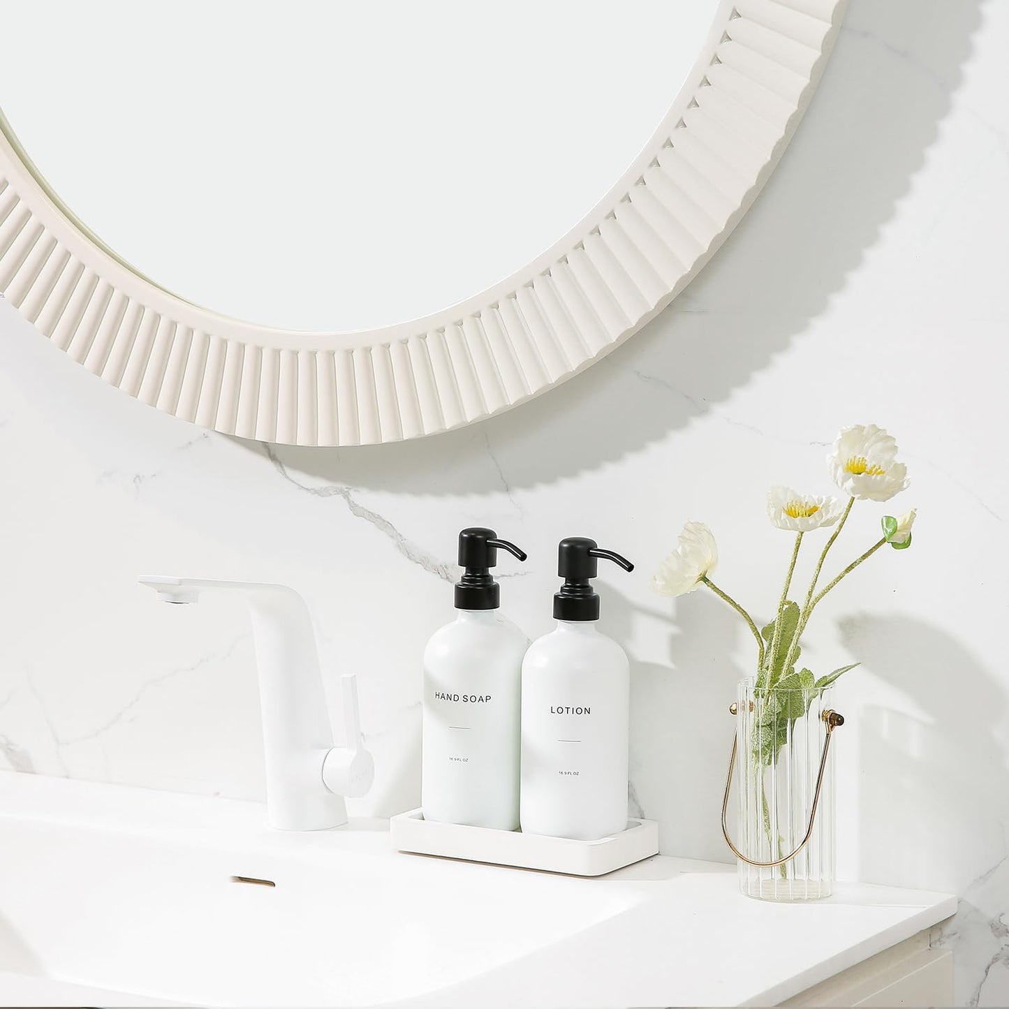 White Soap Dispenser Set, Contains Hand and Lotion Dispenser with Pump. Perfect for Guest Bathroom Decor. (White)