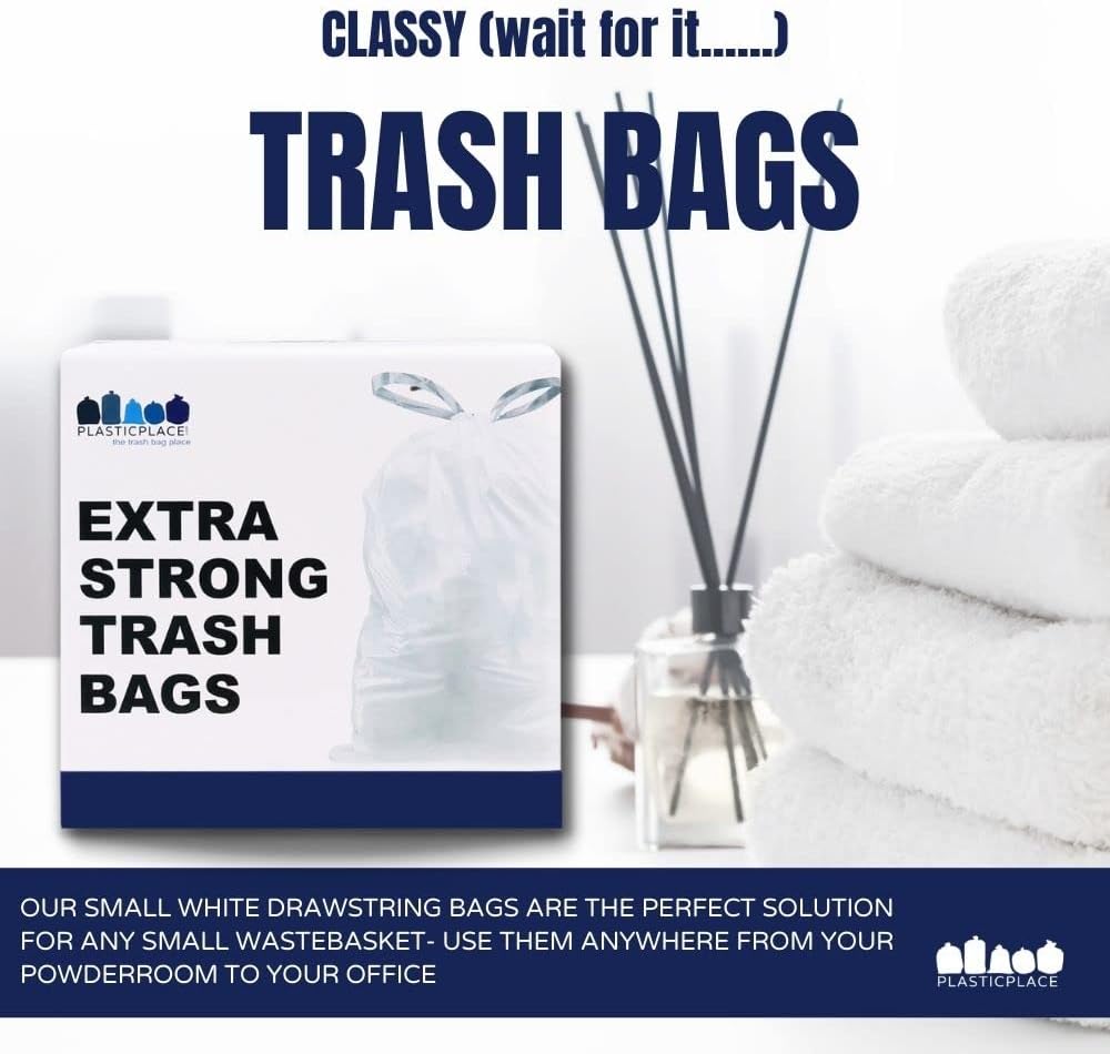 Plasticplace 6 Gallon Trash Bags, 0.7 Mil, White Drawstring Garbage Can Liners, 17" x 20" (100 Count) (Pack of 6)
