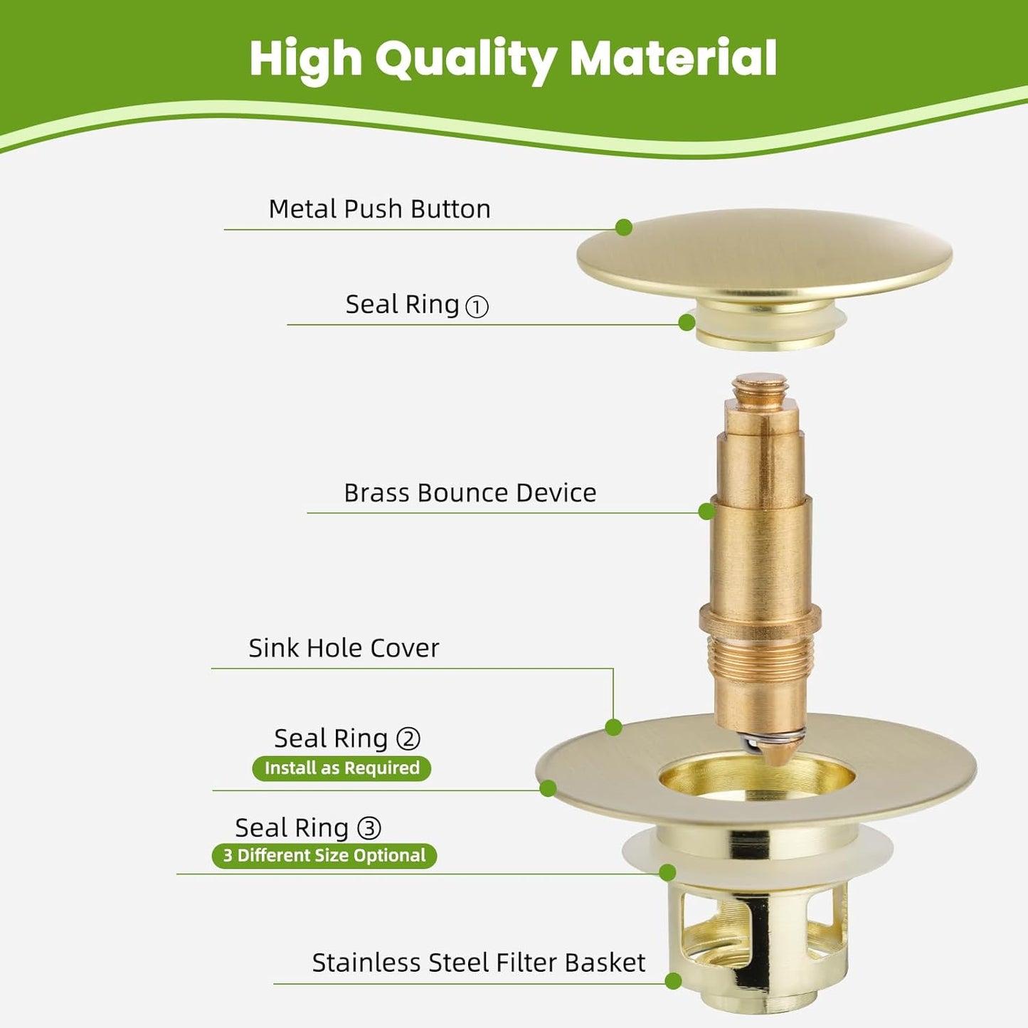 Universal 2PCS Bathroom Sink Stopper 2 in 1 Pop Up Metal Sink Drain Strainer with Hair Catcher, Fit for 1.1~2.36" Sink Basin Hole, Big Cover Cap, Anti-clog, Brushed Gold