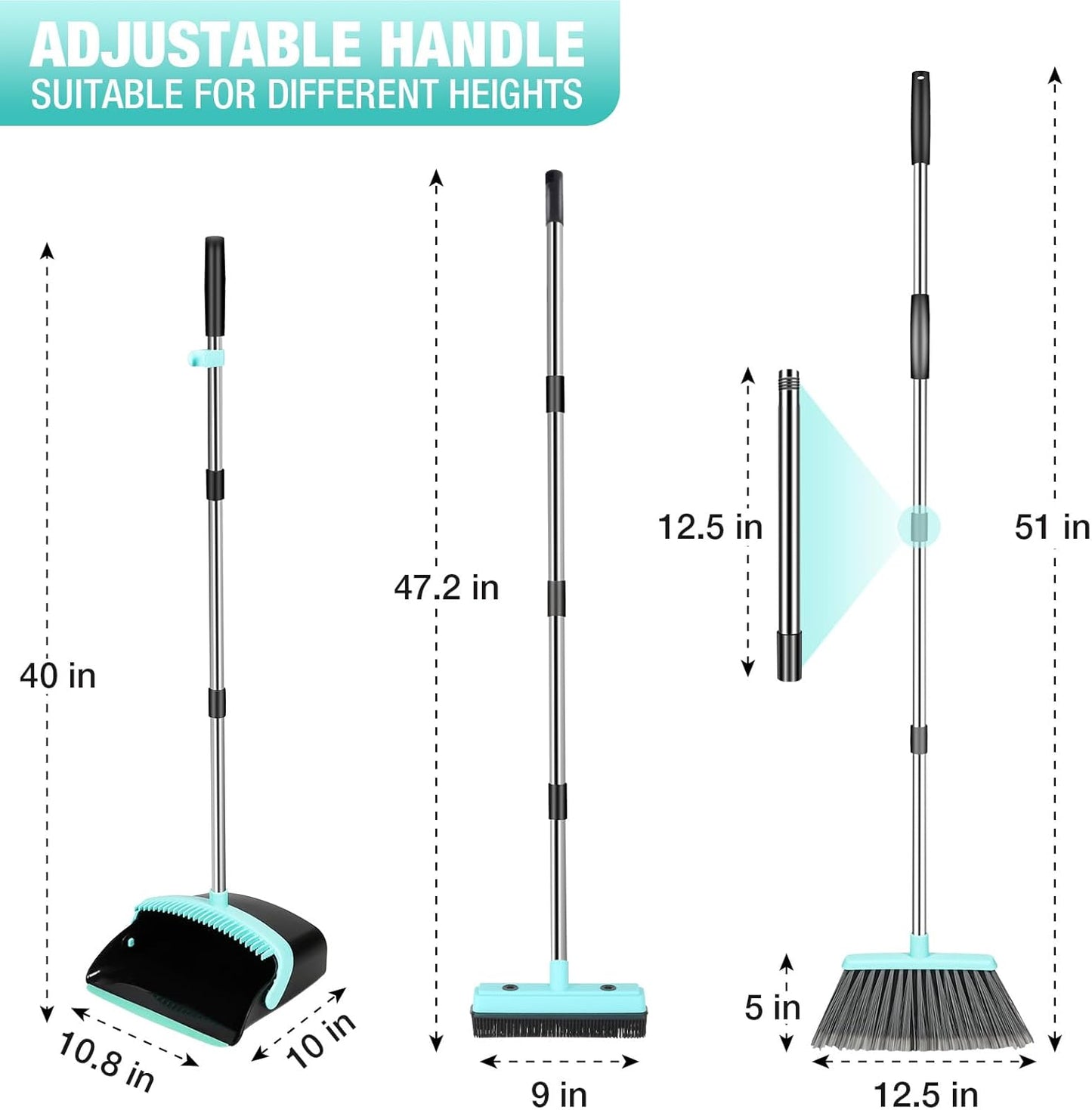Broom with Dustpan Combo Set,Pet Hair Rubber Broom with Carpet Rake and Squeegee,Long Handle Broom with Upright Standing Dustpan for Indoor Cleaning (Broom and Rubber Broom)