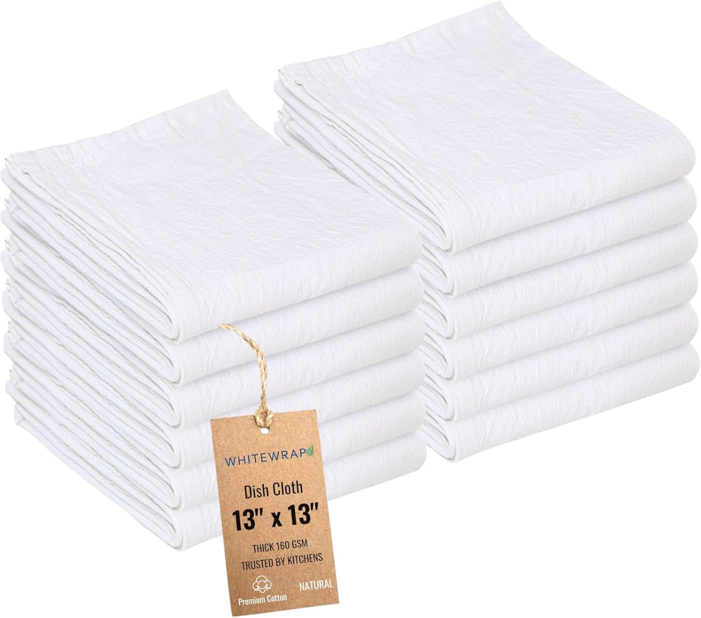 WHITEWRAP Dish Cloths Cotton| Kitchen Wash Cloth| Shop Towels Absorbent and Lint Free Flour Sack| Dishcloths for Kitchen Washing Dishes|Thick Absorbent Quick Dry Dish Rags |12Pack 13"x13" Natural