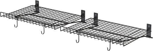 2 Pack Foldable Wall Shelf, Wall Mounted Garage Storage Shelves, Heavy Duty Wall Shelving Supports Up To 90 LBS. Floating Shelves With 4 Hooks Metal Storage Rack for Office, Kitchen and Laundry Room