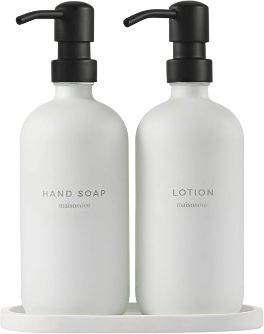 MaisoNovo Soap Dispenser 3-Piece Set | 16.9oz White Bottles with Black Stainless Steel Pumps