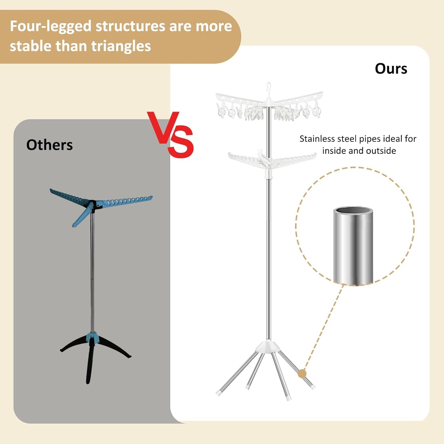 SUYU Clothes Drying Rack,Folding Clothes Drying Tree, 2 Layer with 24 Clips and 3 Rotatable Arms,66.9-Inch Indoor Clothes Rack,Stainless Steel,4 Legs,White and Silver SNJ102