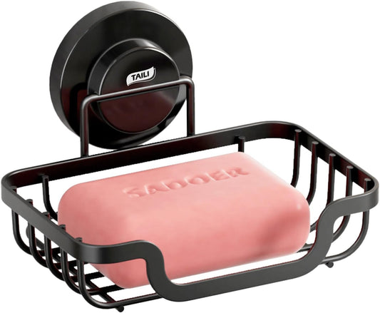 TAILI Soap Holder Bar Dish Suction Cup, Bar Shampoo Rack for Shower Wall, Draining Soap Saver Tray for Bathroom, Rustproof Stainless Steel Sponge Holder for Tub, Kitchen, Drill-Free, Black